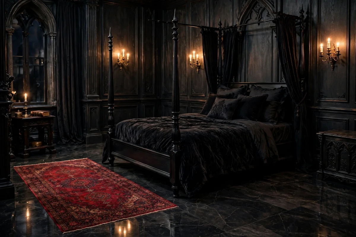 Dark marble flooring with Persian runner in a gothic bedroom