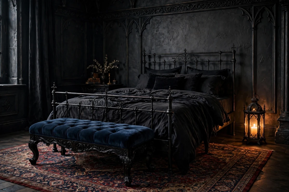 Midnight blue velvet bench at the foot of a bed in a gothic bedroom