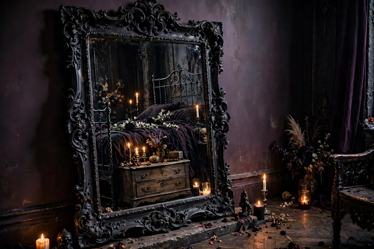 Oversized black baroque mirror leaning in a gothic bedroom