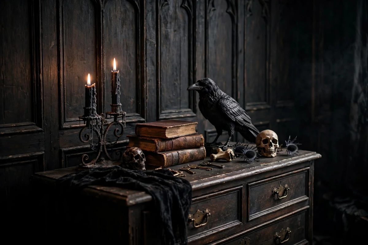 Raven figurine and skull accents styled on a dresser in a gothic bedroom