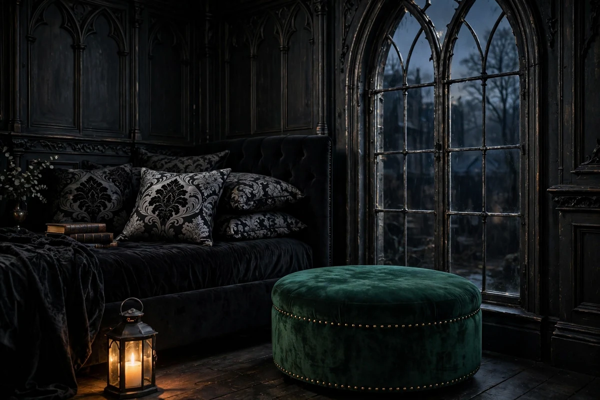 Emerald green velvet ottoman in a gothic bedroom corner