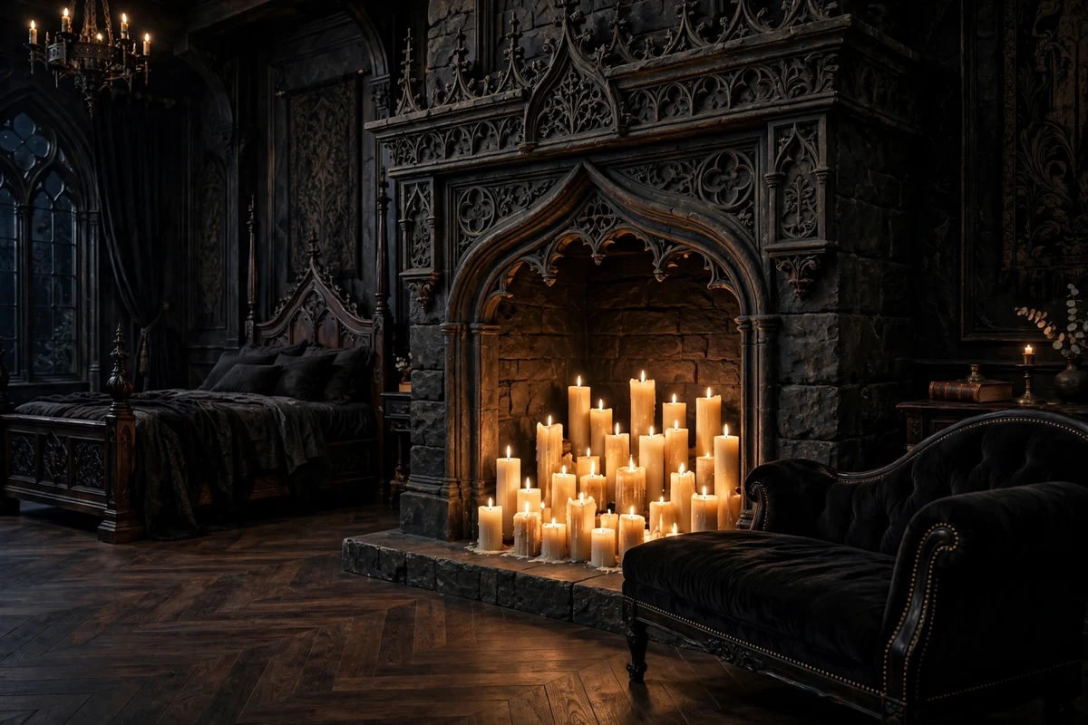 Stone fireplace filled with pillar candles in a gothic bedroom