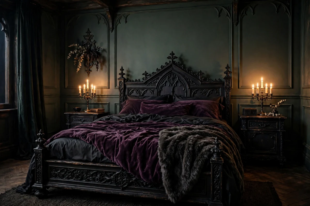 Bed layered with black and plum bedding in a gothic bedroom