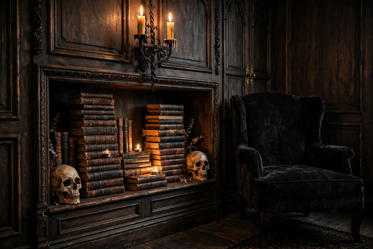 Antique book stacks with skull bookends in a gothic bedroom