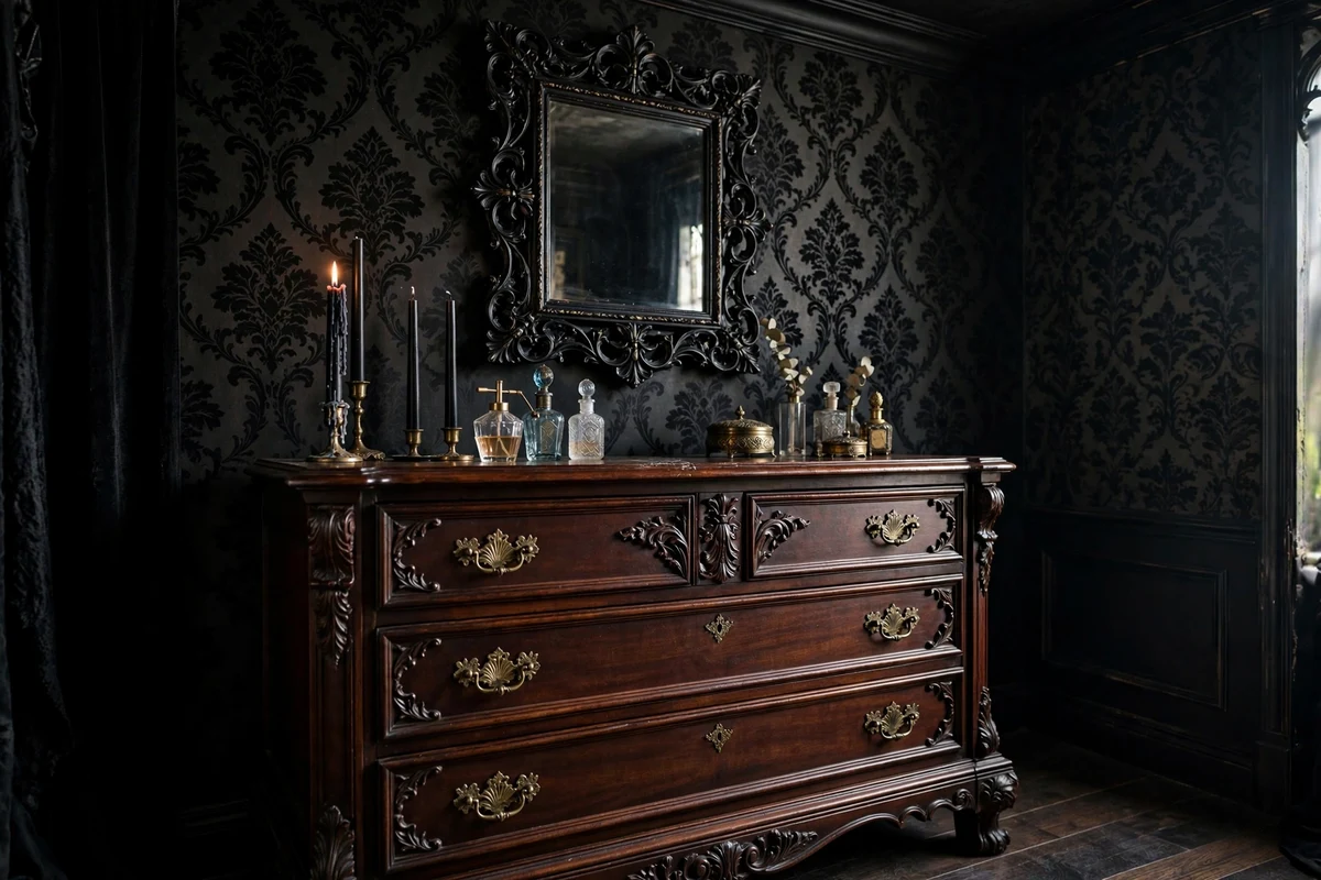 Dark mahogany dresser with brass hardware in a gothic bedroom