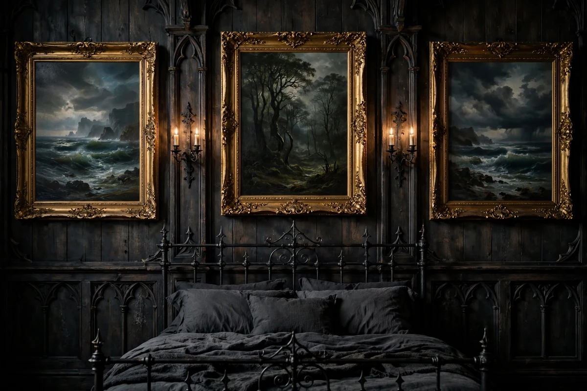 Moody landscape paintings in gold frames above a bed in a gothic bedroom