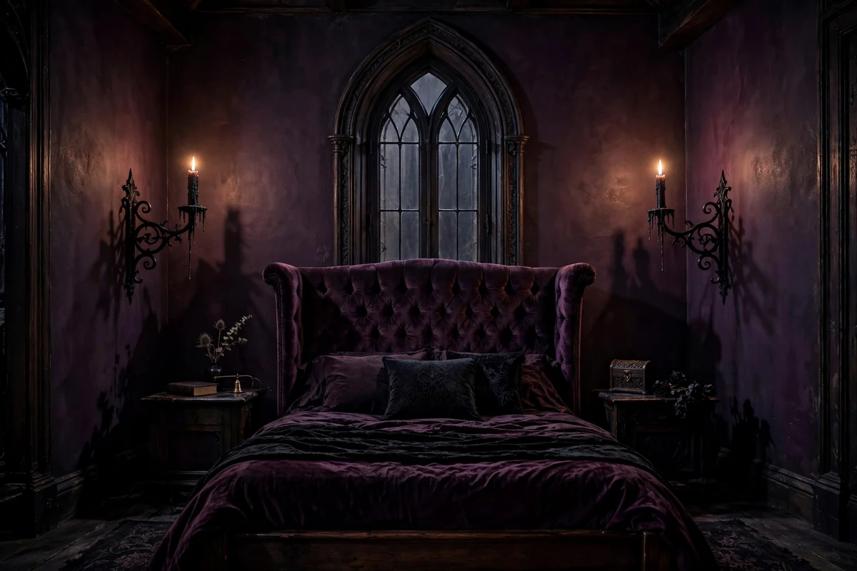 Black taper candle wall sconces flanking a window in a gothic bedroom