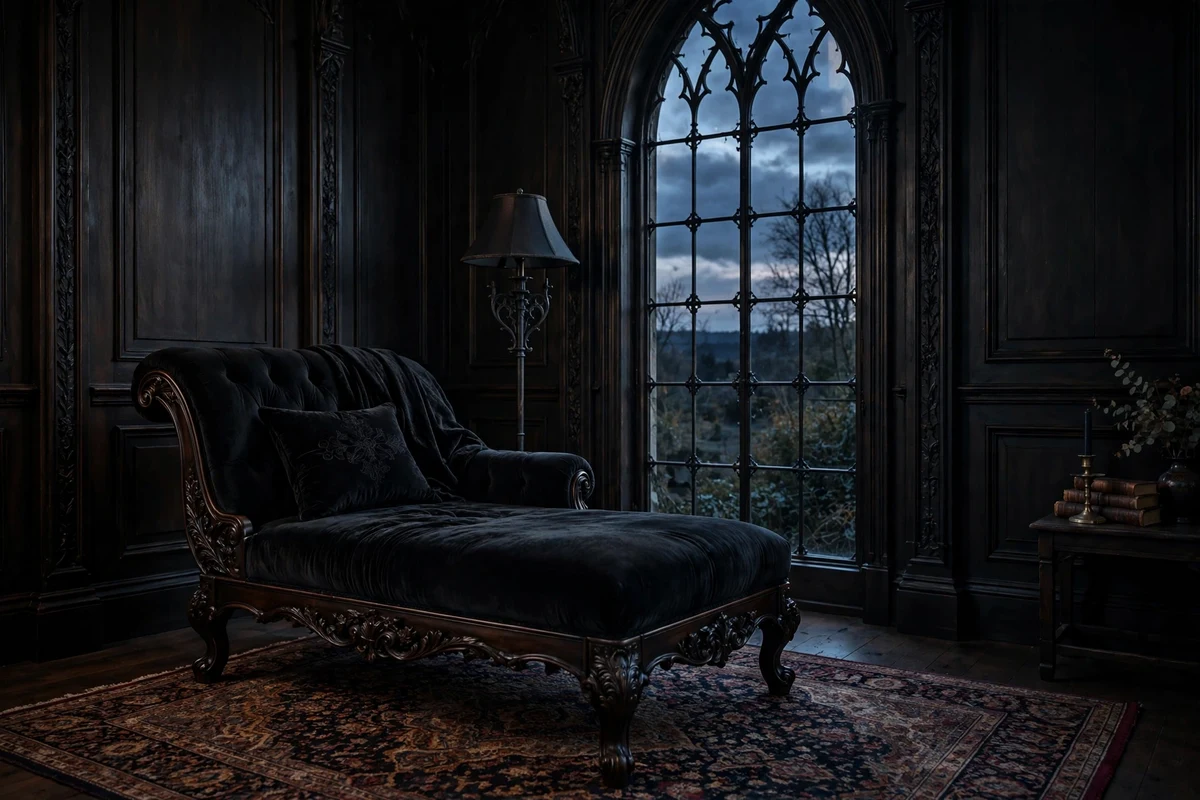 Black velvet fainting couch chaise lounge in a gothic bedroom