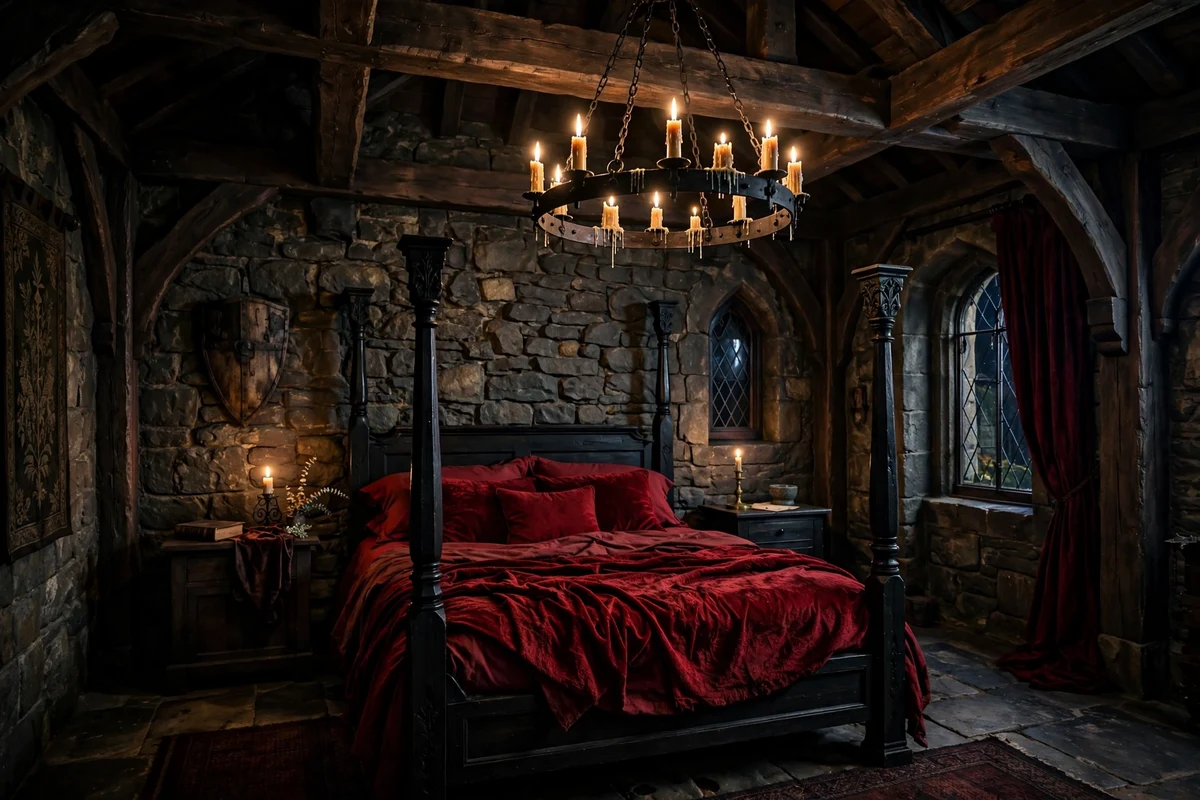 Dark wood ceiling beams with iron ring chandelier in a gothic bedroom