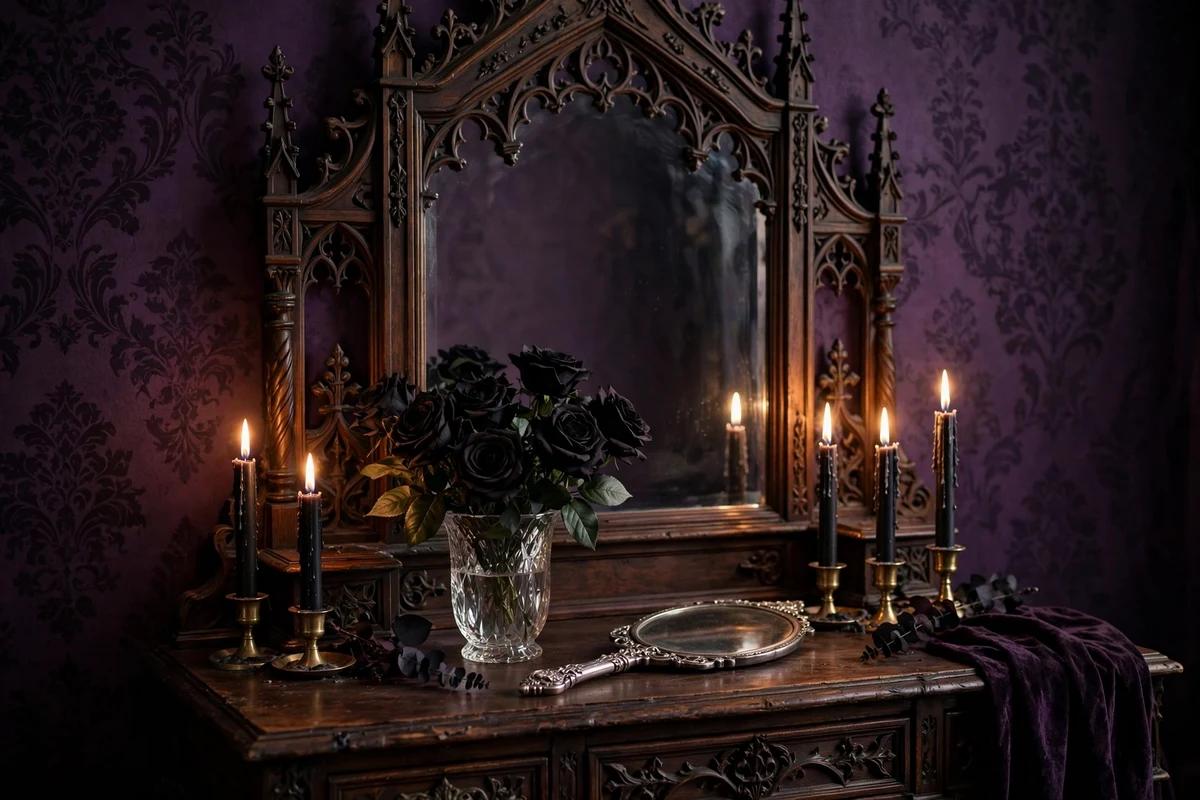 Black roses in a crystal vase on a vanity in a gothic bedroom