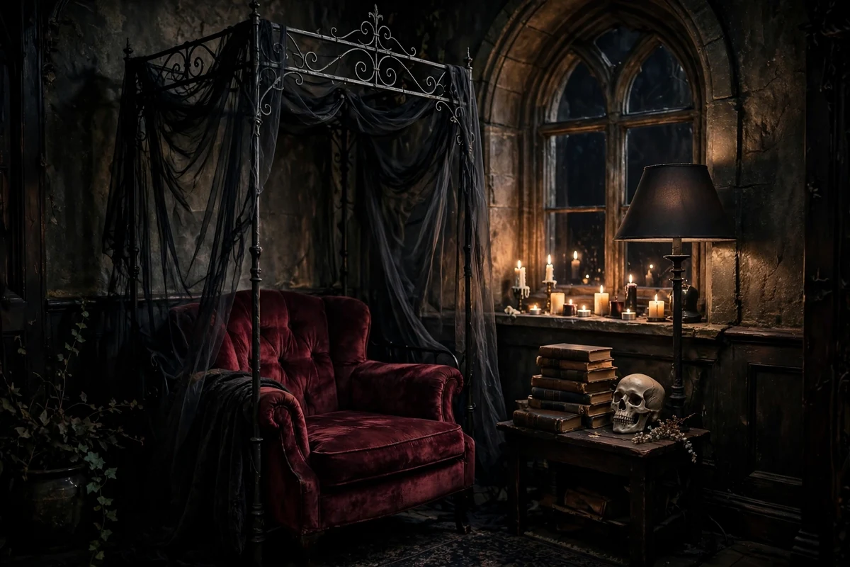 Wrought iron canopy over a reading nook in a gothic bedroom