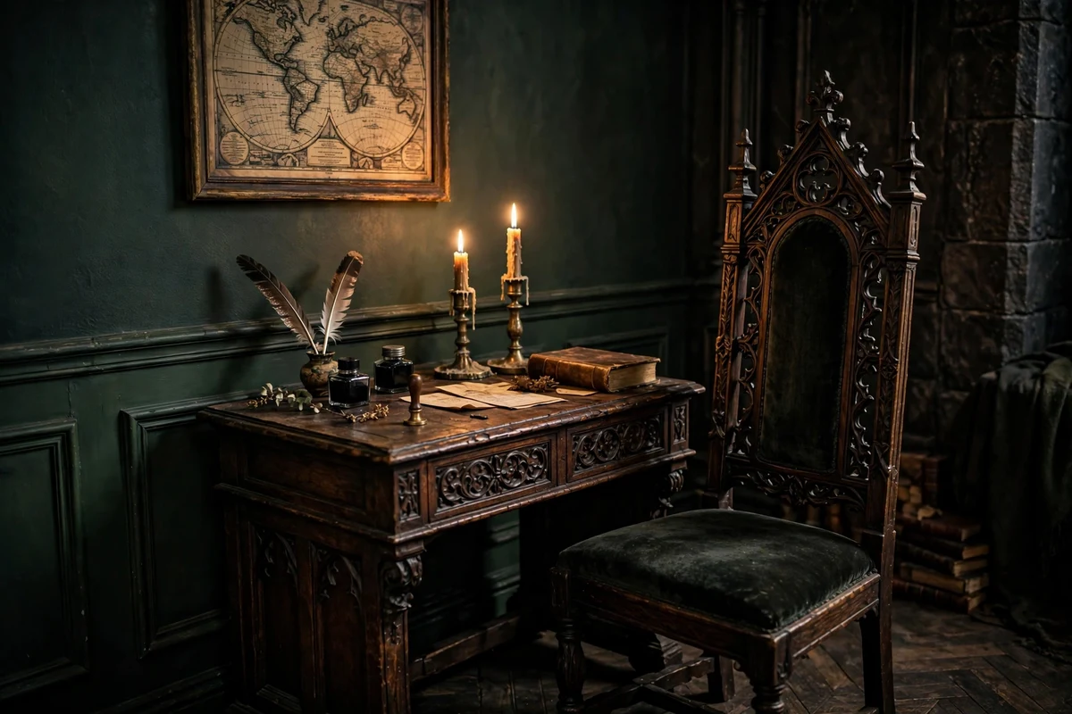 Antique writing desk with quill set in a gothic bedroom corner