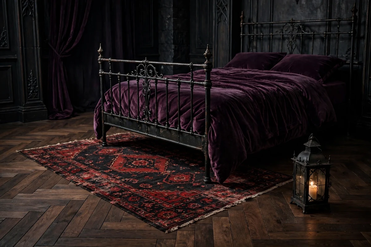 Dark herringbone wood floors with Persian rug in a gothic bedroom