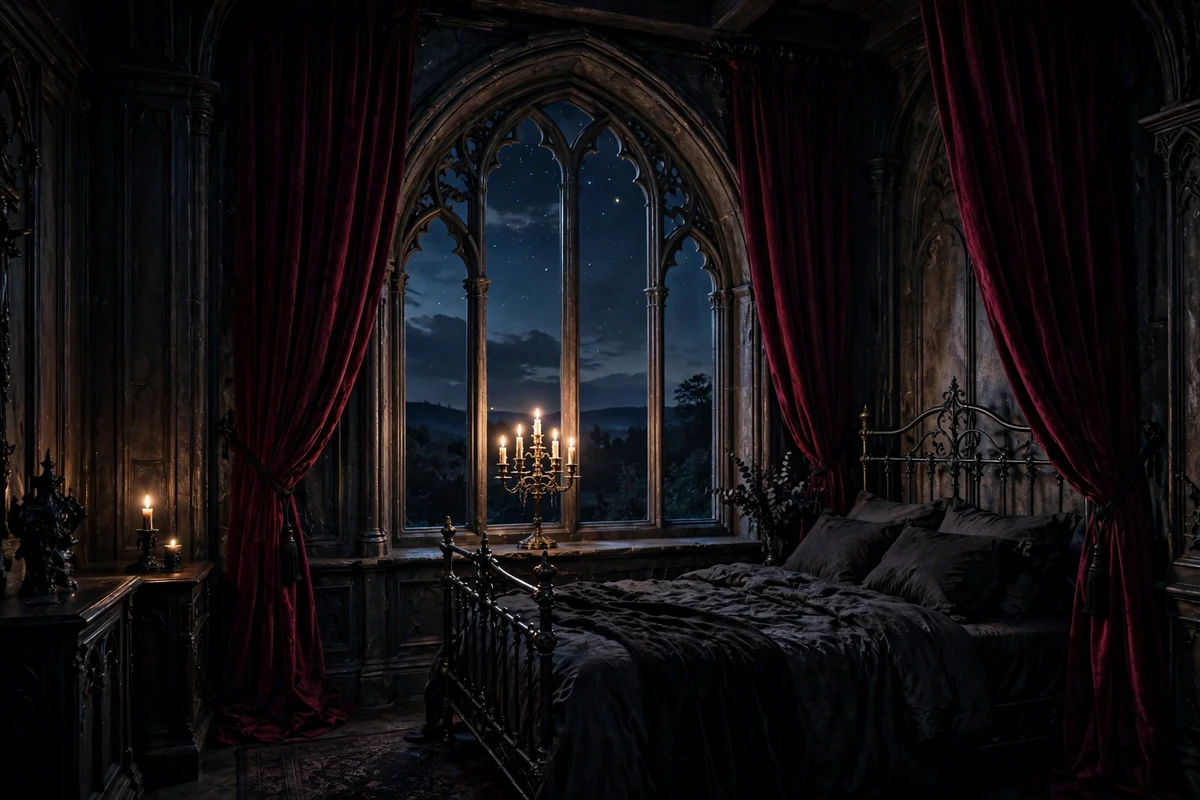Burgundy velvet curtains with black tiebacks in a gothic bedroom