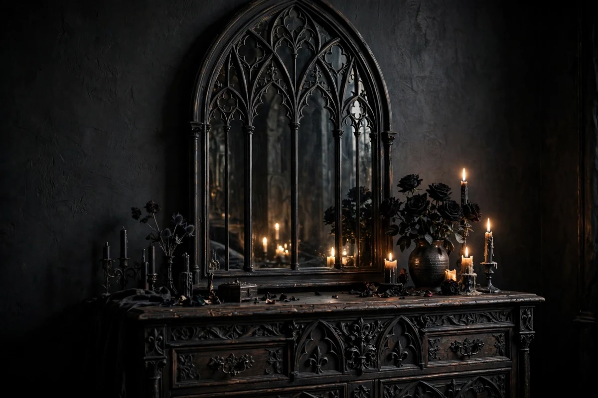 Cathedral arch window mirror with iron tracery in a gothic bedroom