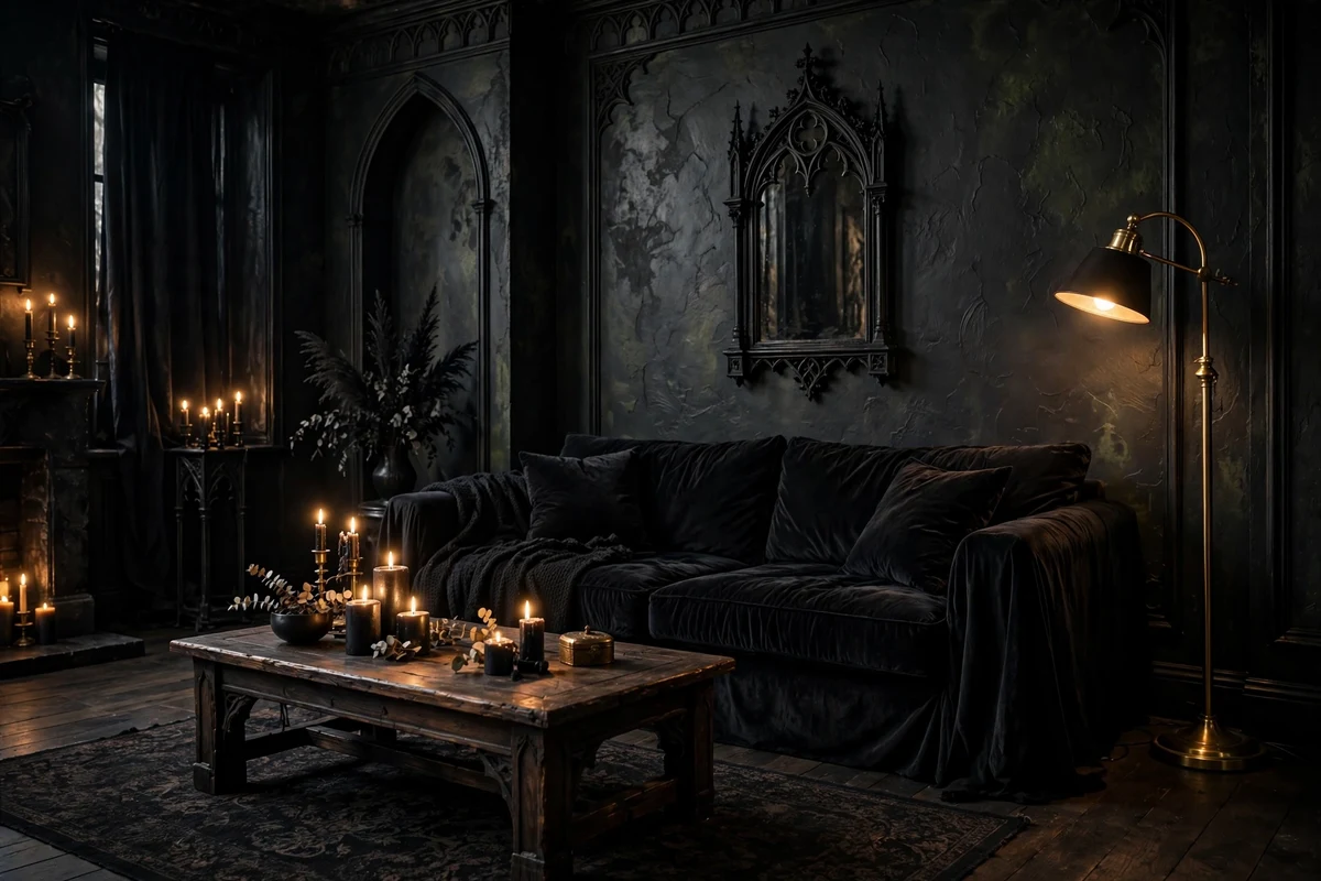 Gothic living room with matte black limewash walls and candlelight