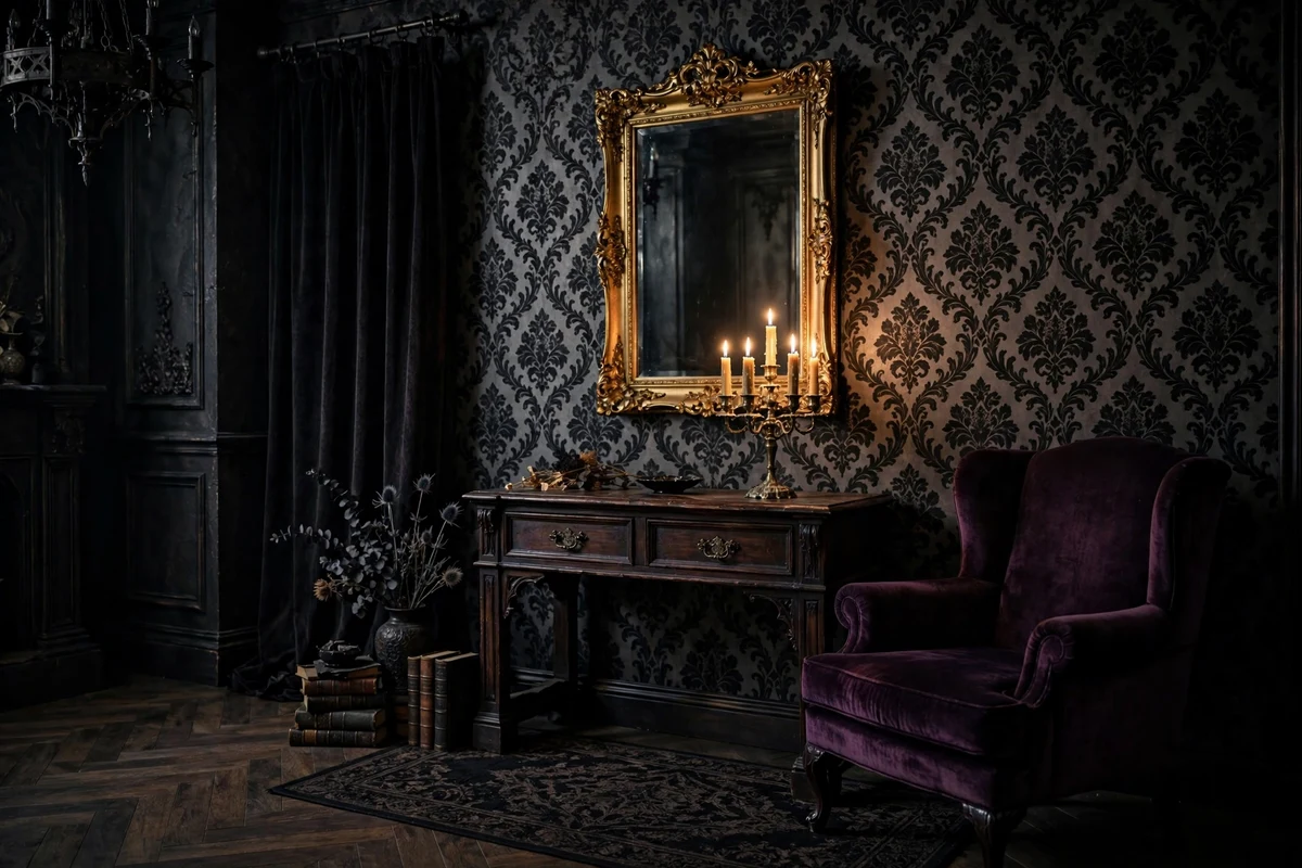 Gothic living room with charcoal damask wallpaper accent wall