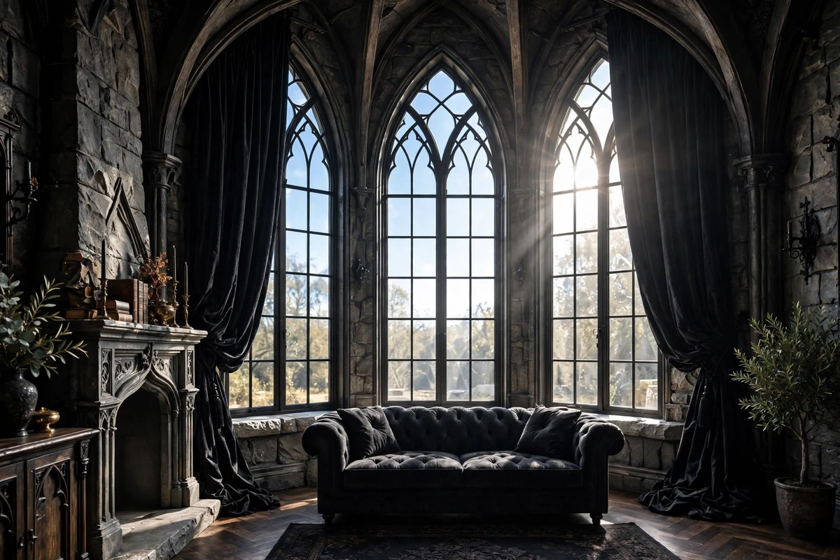 Gothic living room with tall pointed-arch windows and velvet curtains