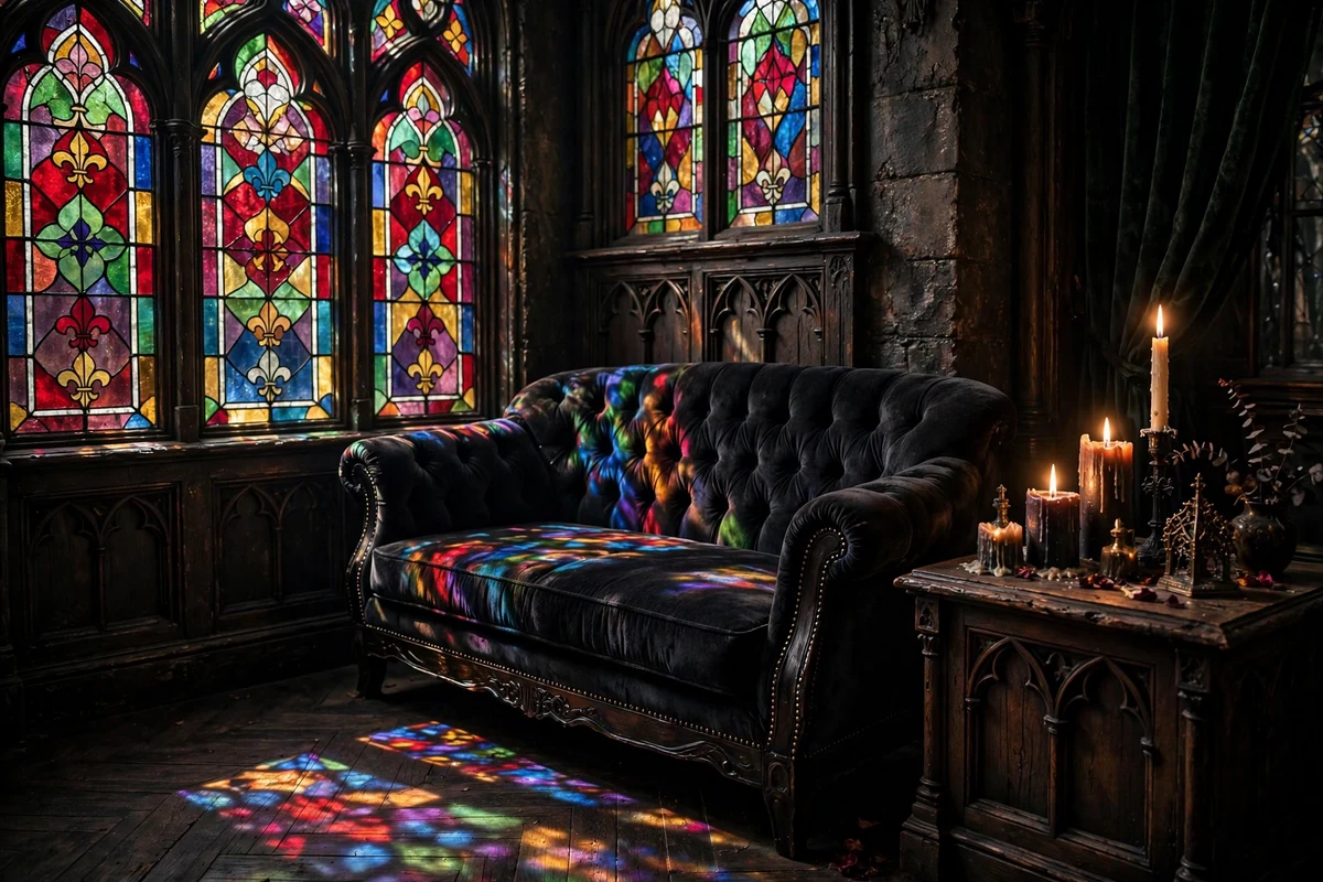Gothic living room with stained glass window panels casting colored light
