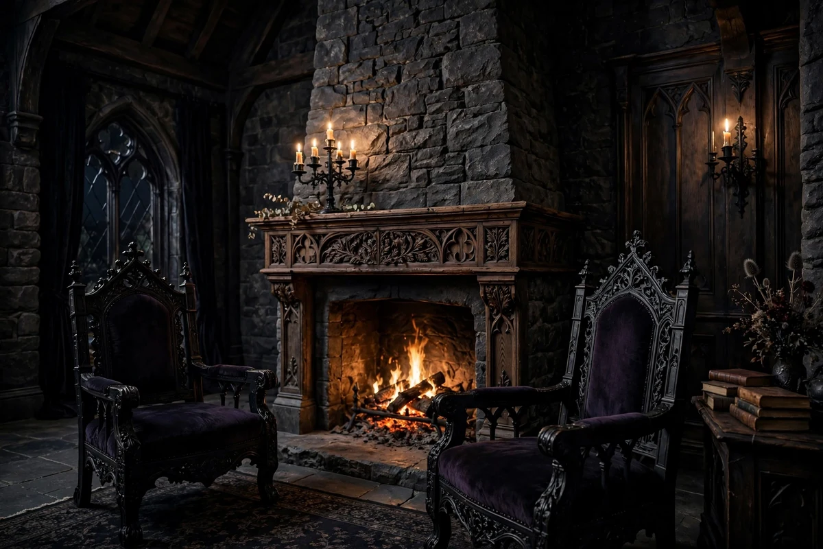 Gothic living room with stone fireplace and carved wooden mantel