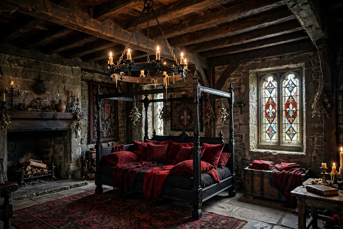 Gothic living room with dark stained exposed ceiling beams