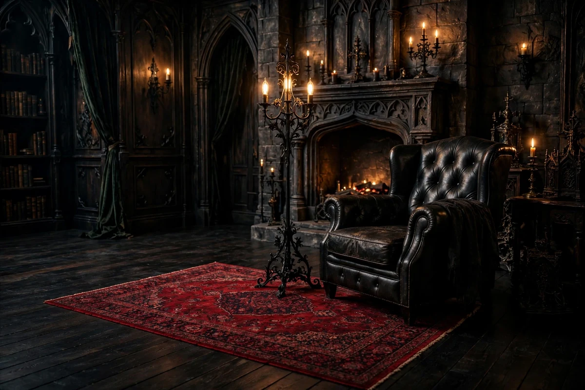 Gothic living room with near-black stained hardwood floors and Persian rug