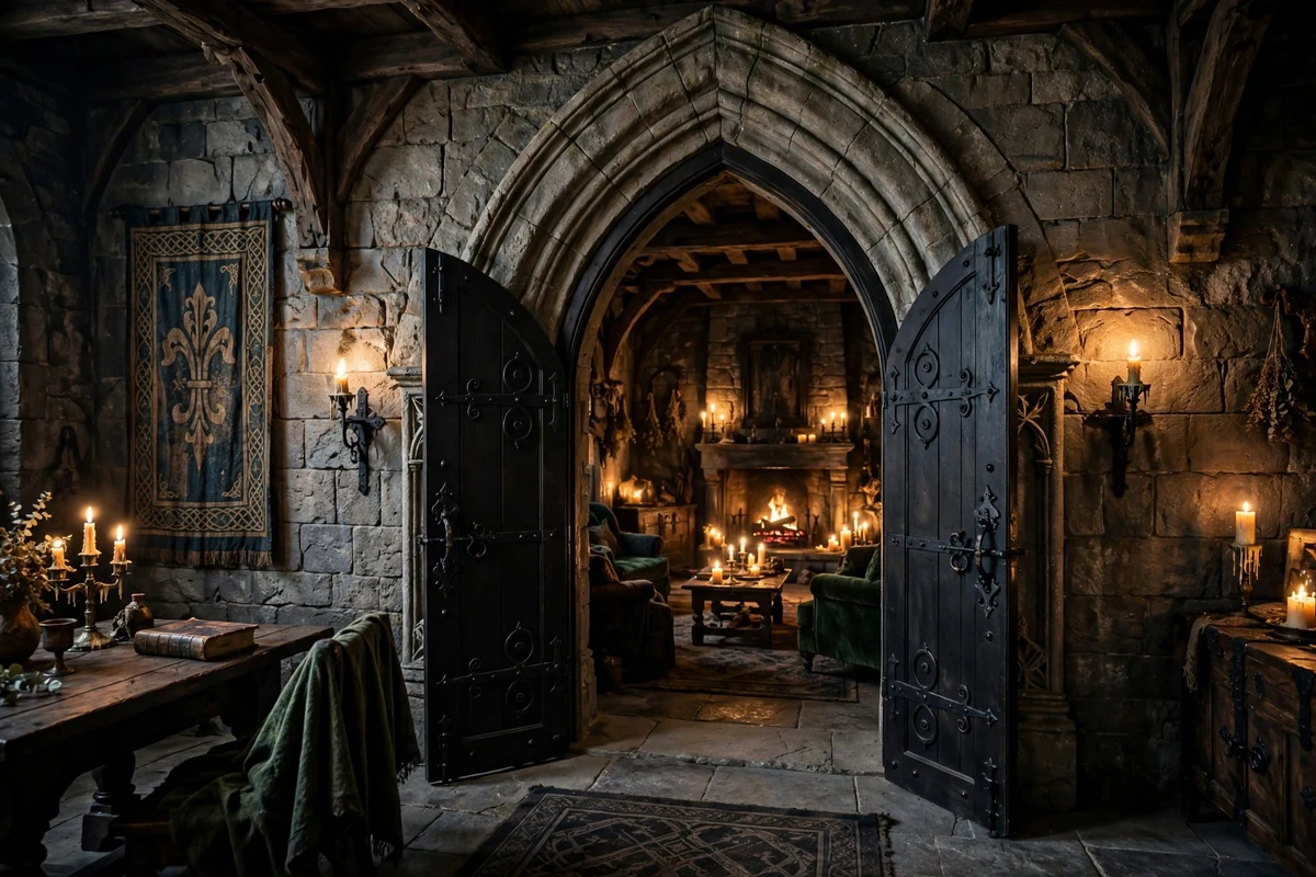 Gothic living room with pointed-arch doorway and black double doors