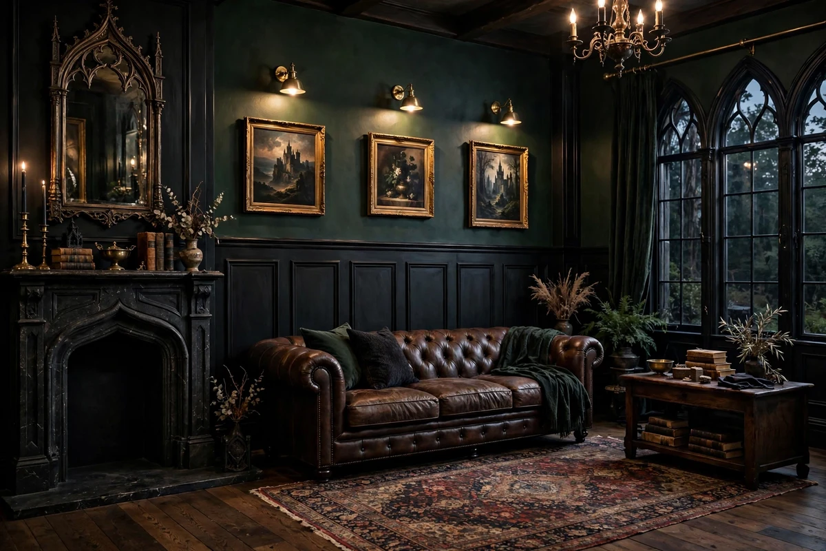 Gothic living room with tall black wainscoting panels