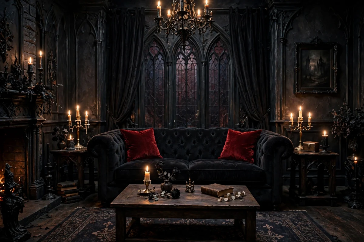 Gothic living room with black velvet Chesterfield sofa