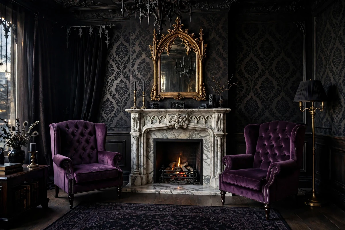 Gothic living room with tufted wingback armchairs in deep velvet