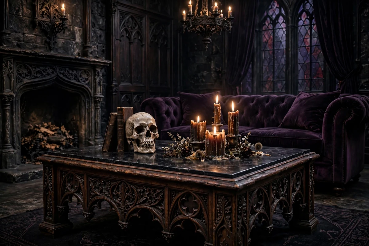 Gothic living room with heavily carved dark wood coffee table