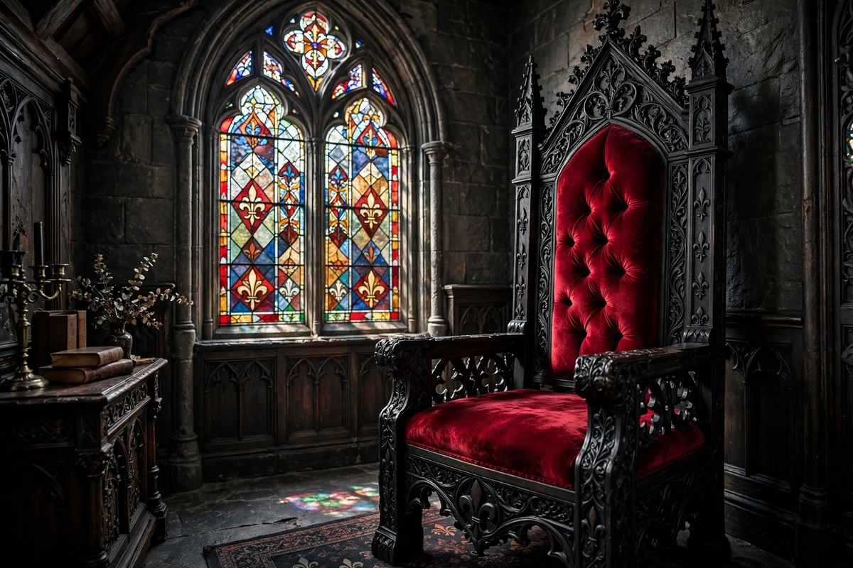 Gothic living room with throne-like accent chair in carved wood and crimson velvet