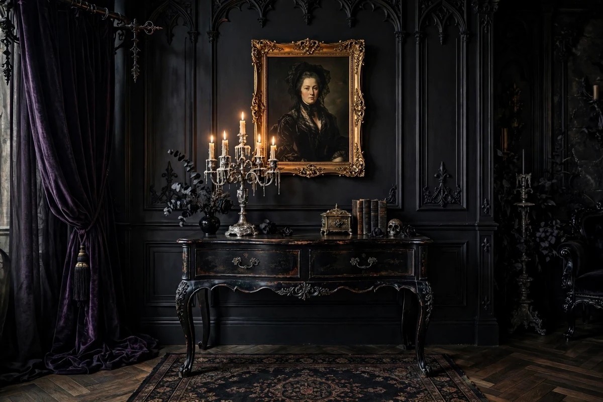 Gothic living room with antique black lacquer console table