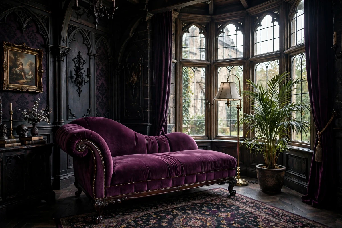 Gothic living room with deep plum velvet chaise lounge by bay window