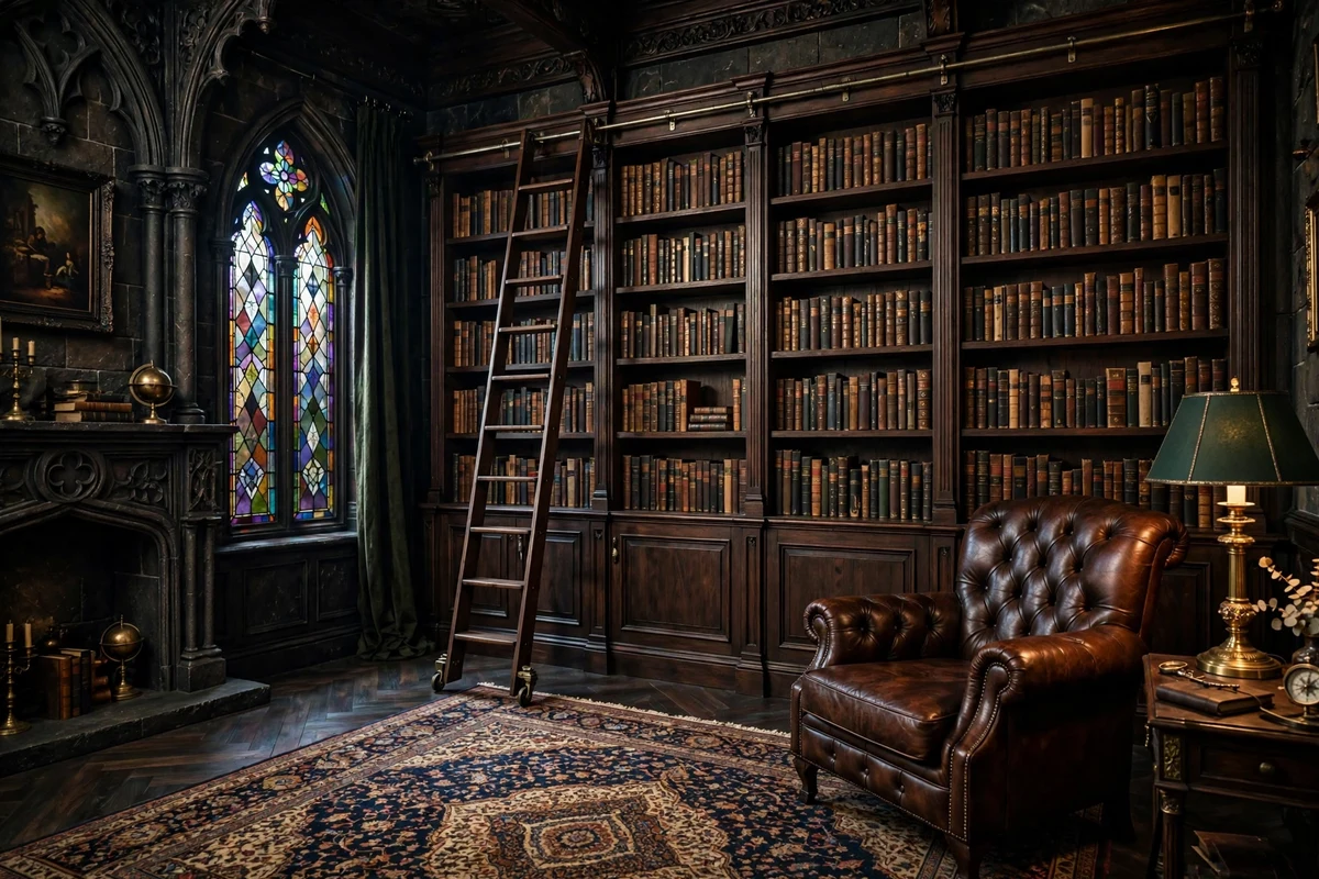 Gothic living room with floor-to-ceiling dark wood bookcase
