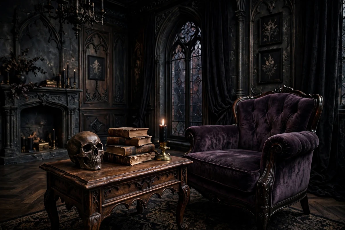 Gothic living room side table styled with tasteful skull decor