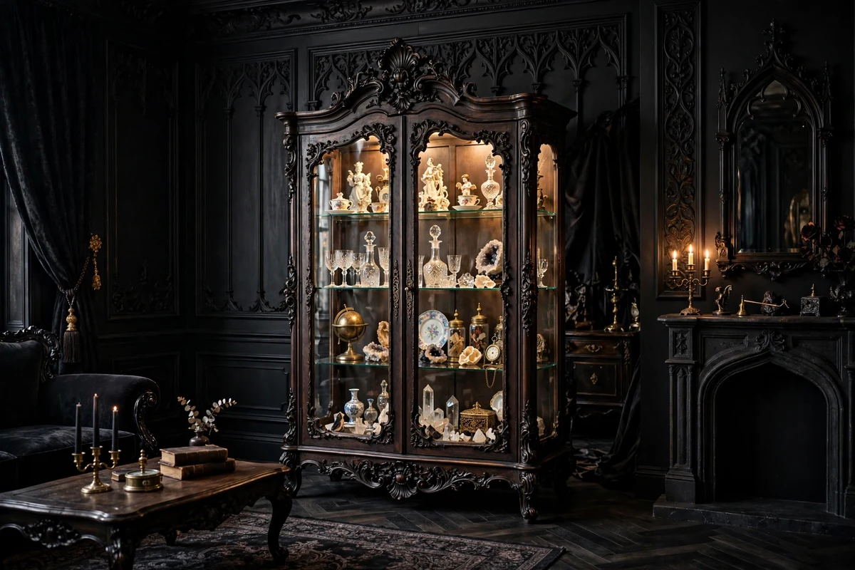 Gothic living room with baroque-style glass curio cabinet