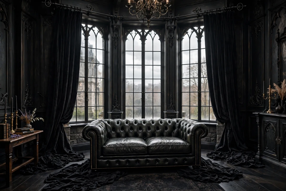 Gothic living room with heavy black velvet curtains