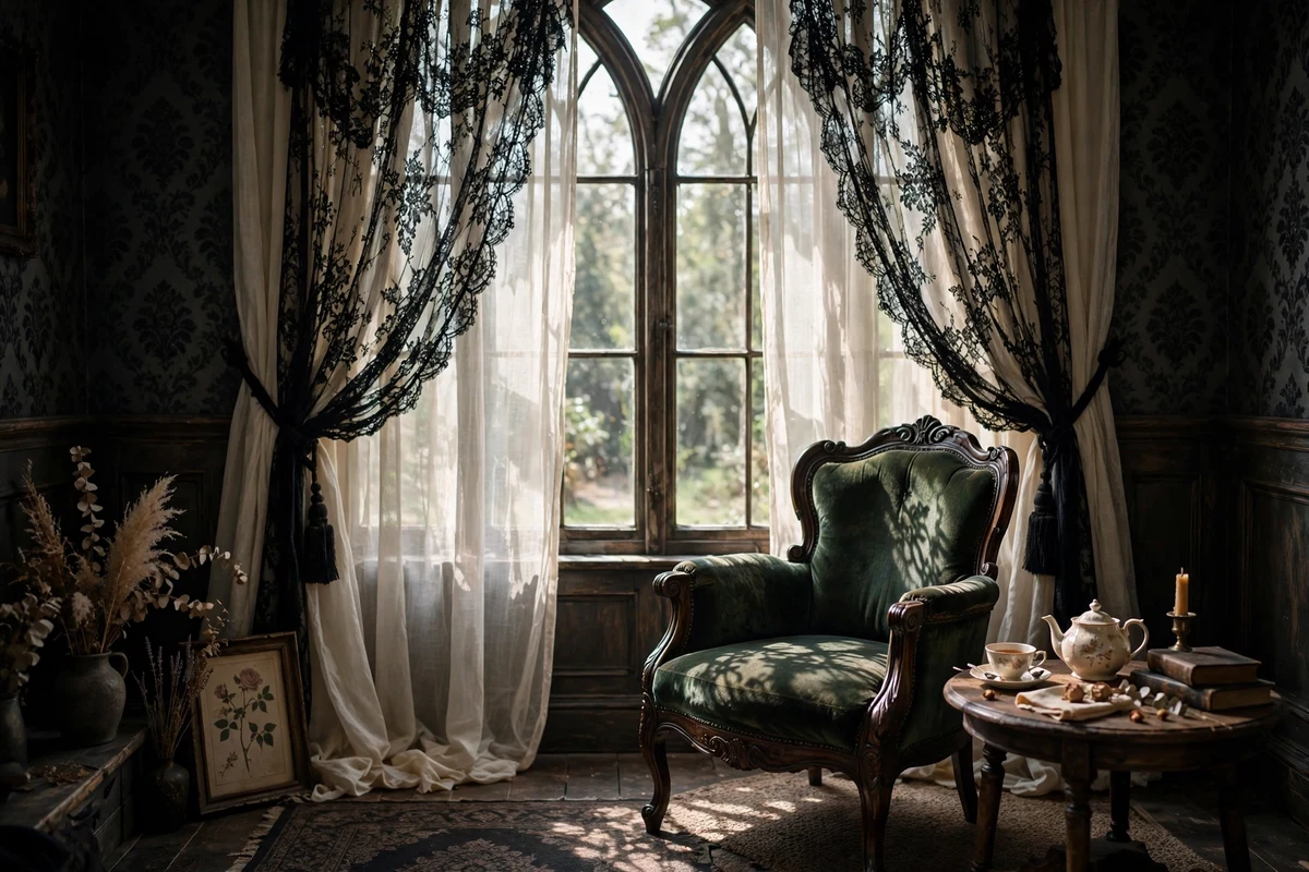 Gothic living room window with black lace overlay curtains