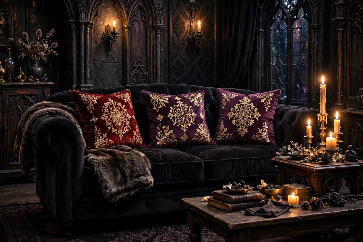Gothic living room sofa with oxblood and plum velvet throw pillows