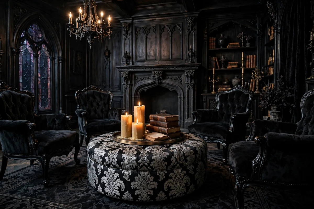 Gothic living room with damask-upholstered ottoman coffee table