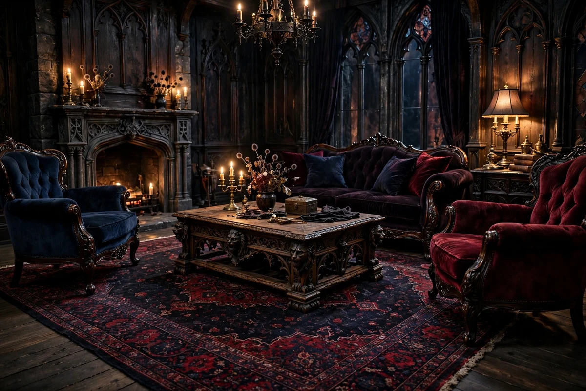 Gothic living room anchored by dark Persian rug with deep reds