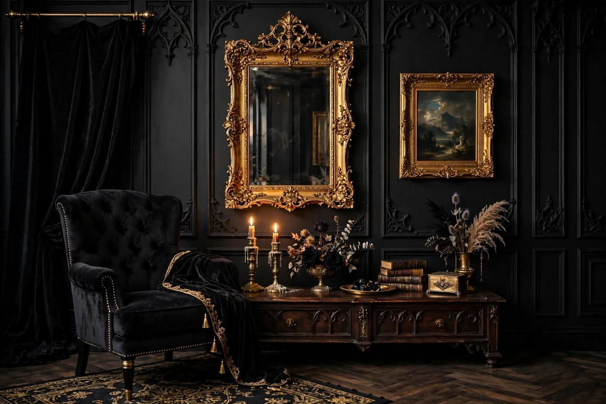 Gothic living room vignette with gold and brass accents