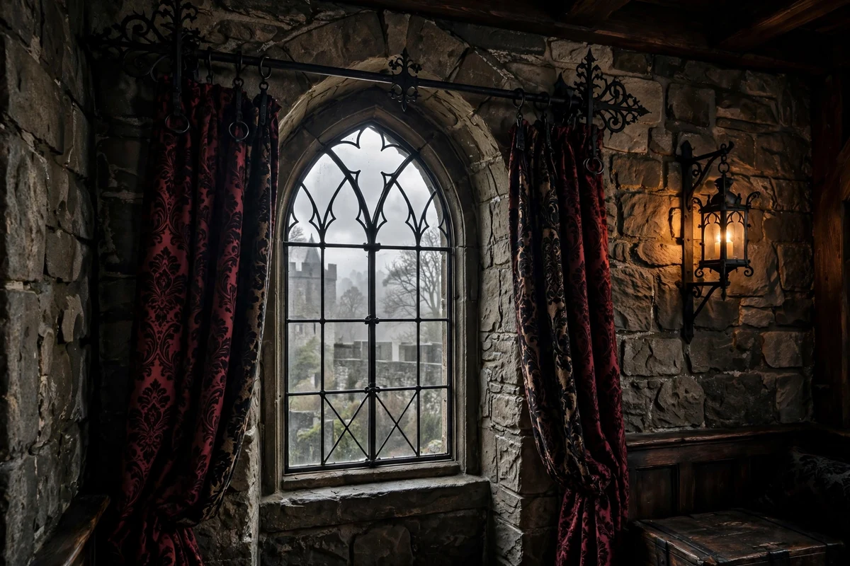 Gothic living room with wrought iron curtain rods and hardware