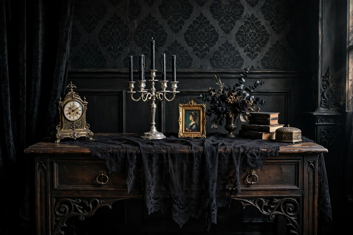Gothic living room console styled with black lace table runner