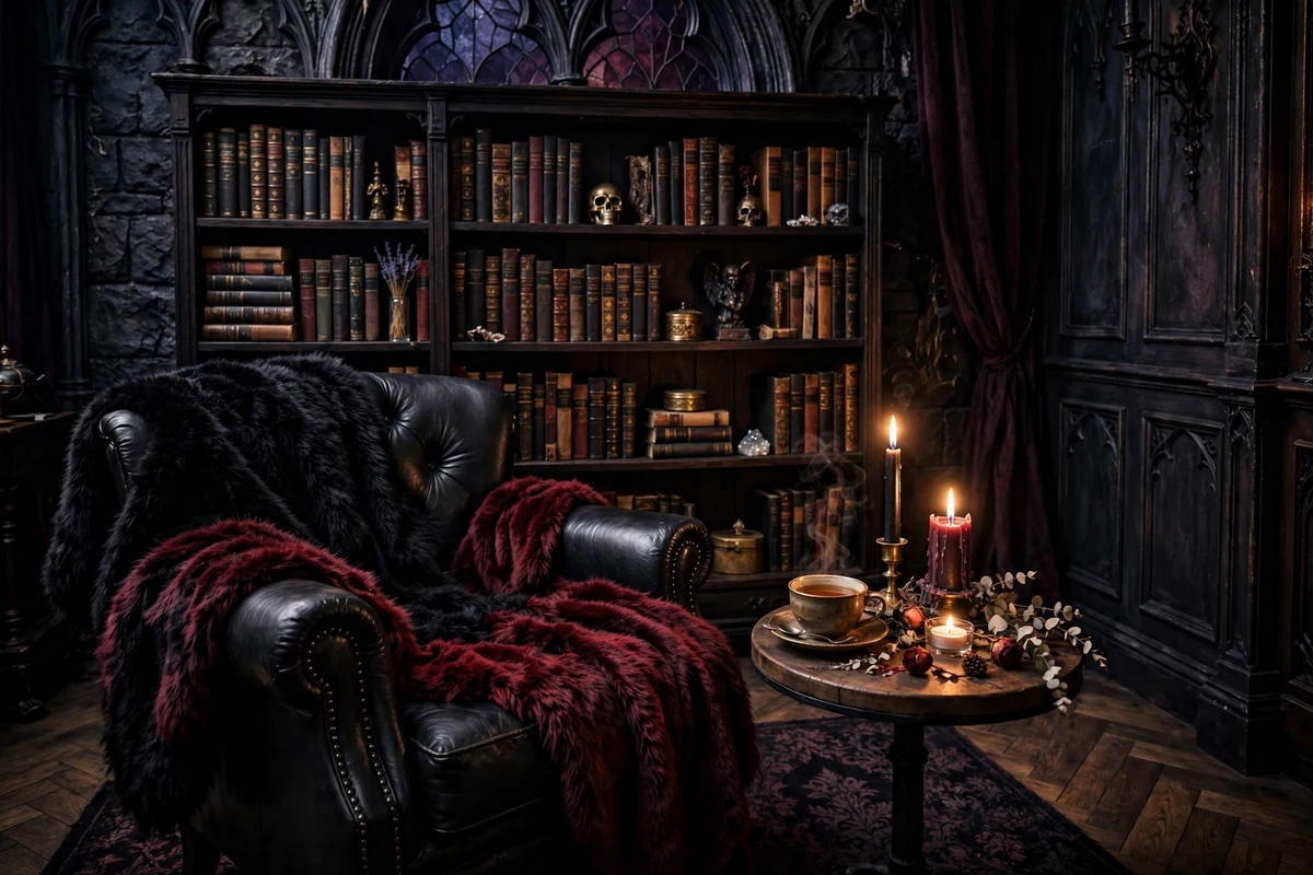 Gothic living room reading nook with black and burgundy faux fur throws