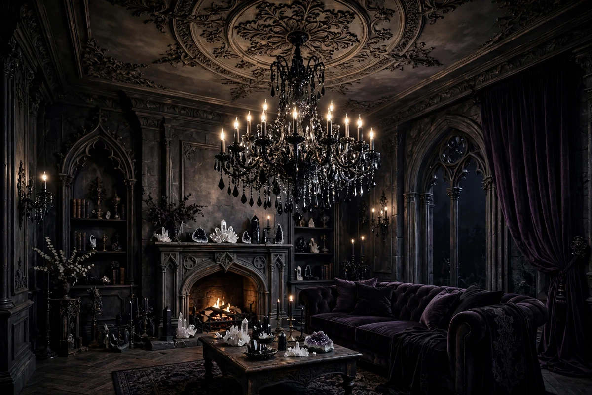Gothic living room with black crystal chandelier