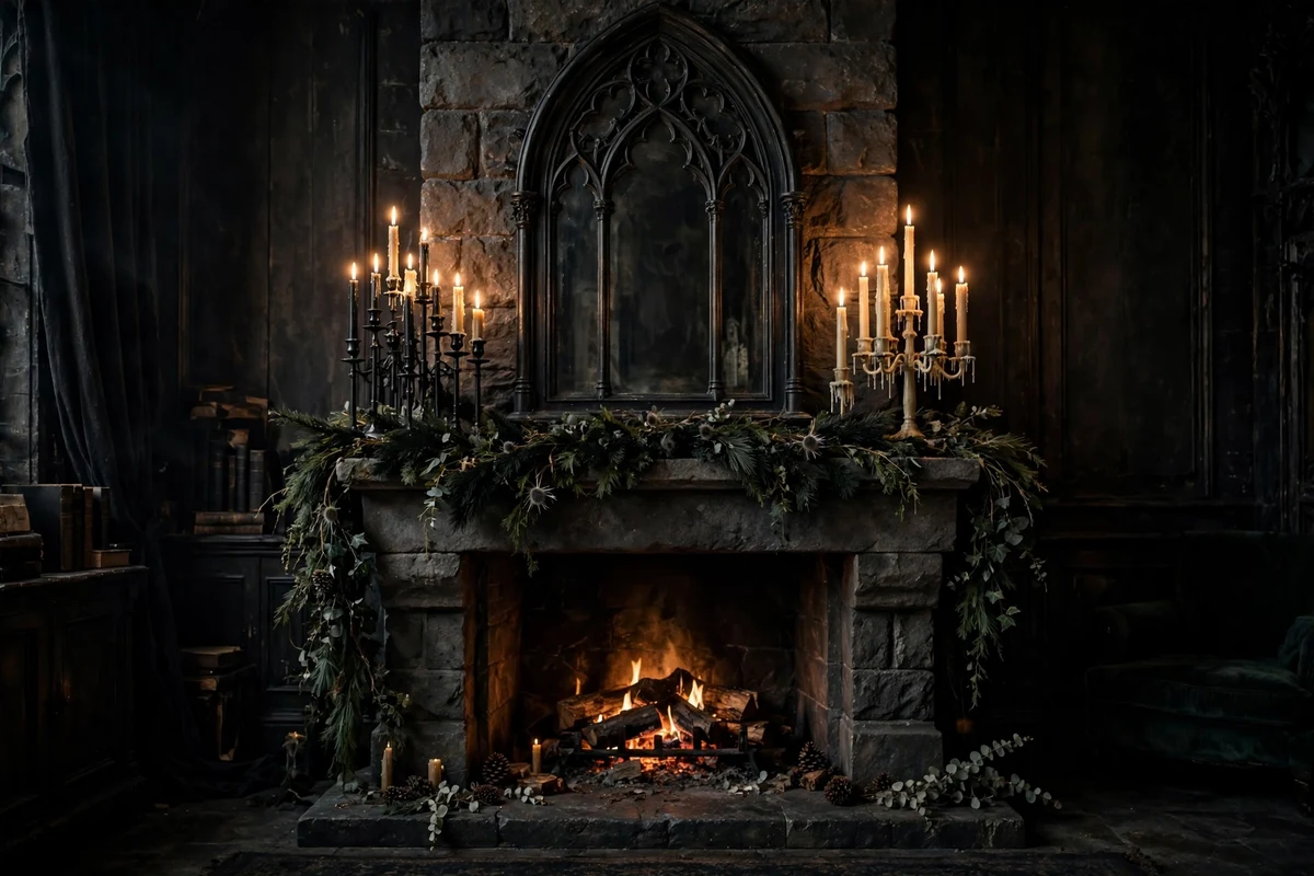 Gothic living room mantel styled with candelabra clusters