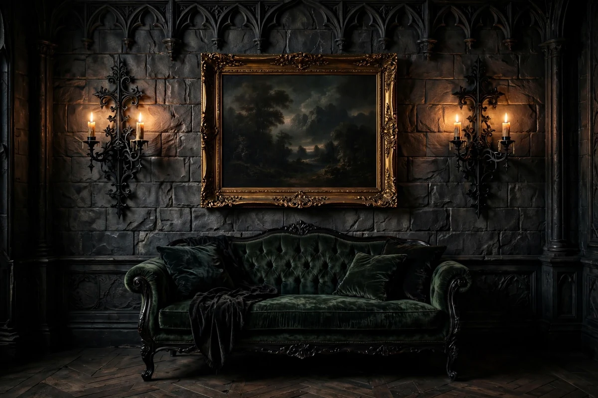 Gothic living room wall with ornate sconces and candle flames