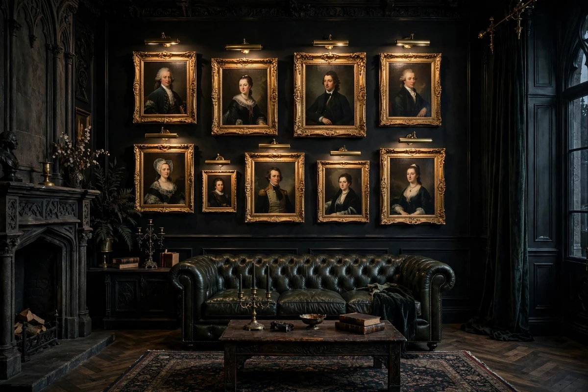 Gothic living room with portrait gallery wall in gilt frames